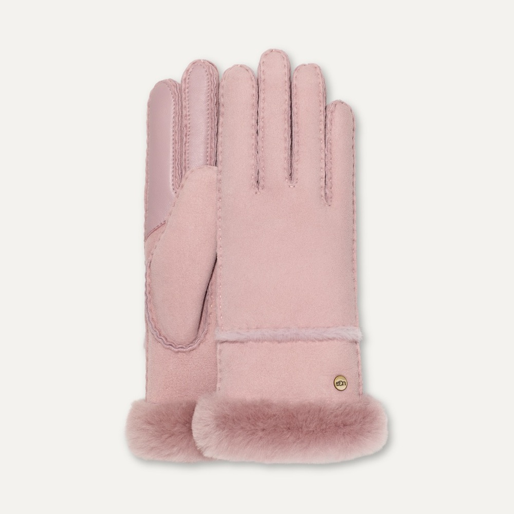 UGG Pink Sheepskin Seamed Tech Gloves, Size Small